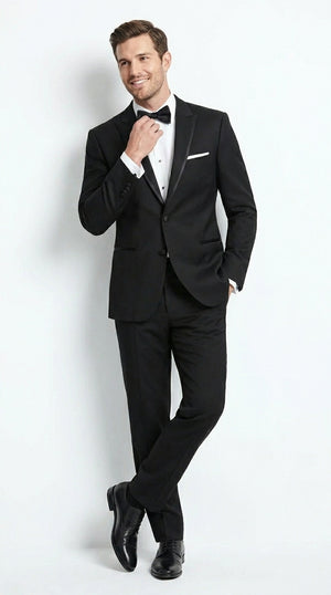 Men’s Black Designer Peak Trim Ashton Tuxedo with Satin Lapel, Formal Wedding Dinner Suit