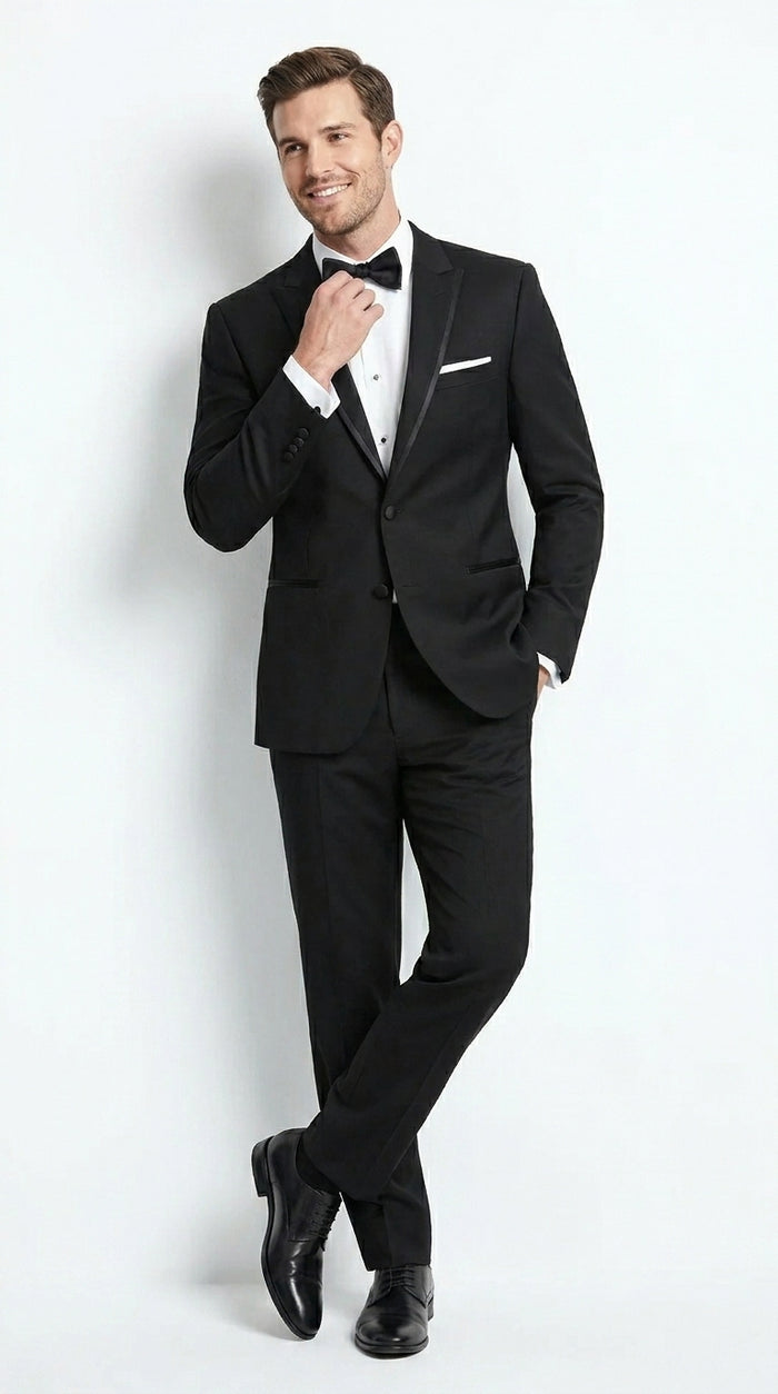 Men’s Black Designer Peak Trim Ashton Tuxedo with Satin Lapel, Formal Wedding Dinner Suit