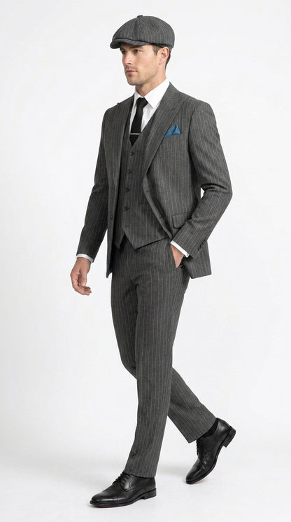 Men’s Thomas Shelby Peaky Blinders Gray Wool Suit Out fit Charcoal Grey Pinstripe 3-Piece  Vintage 1920s Suit