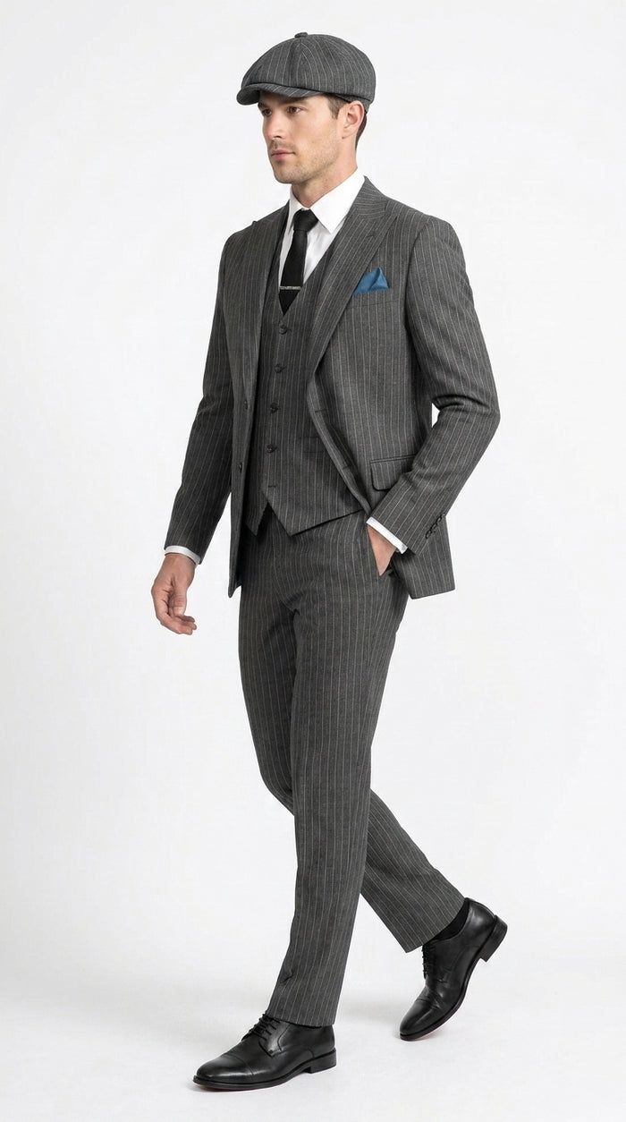 Men’s Thomas Shelby Peaky Blinders Gray Wool Suit Out fit Charcoal Grey Pinstripe 3-Piece  Vintage 1920s Suit