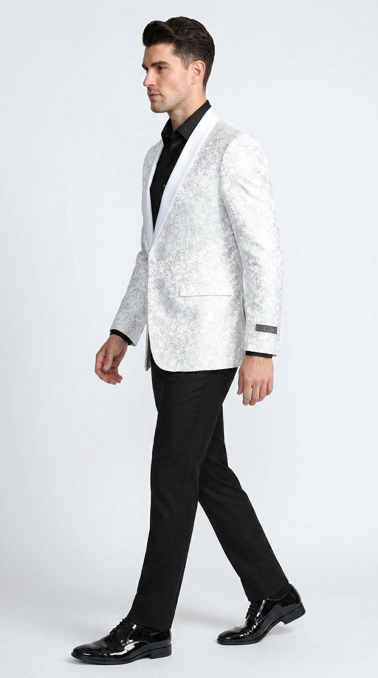Men’s White Tonal Paisley Tuxedo Jacket with Satin Shawl Lapel, Wedding and Prom Dinner Blazer