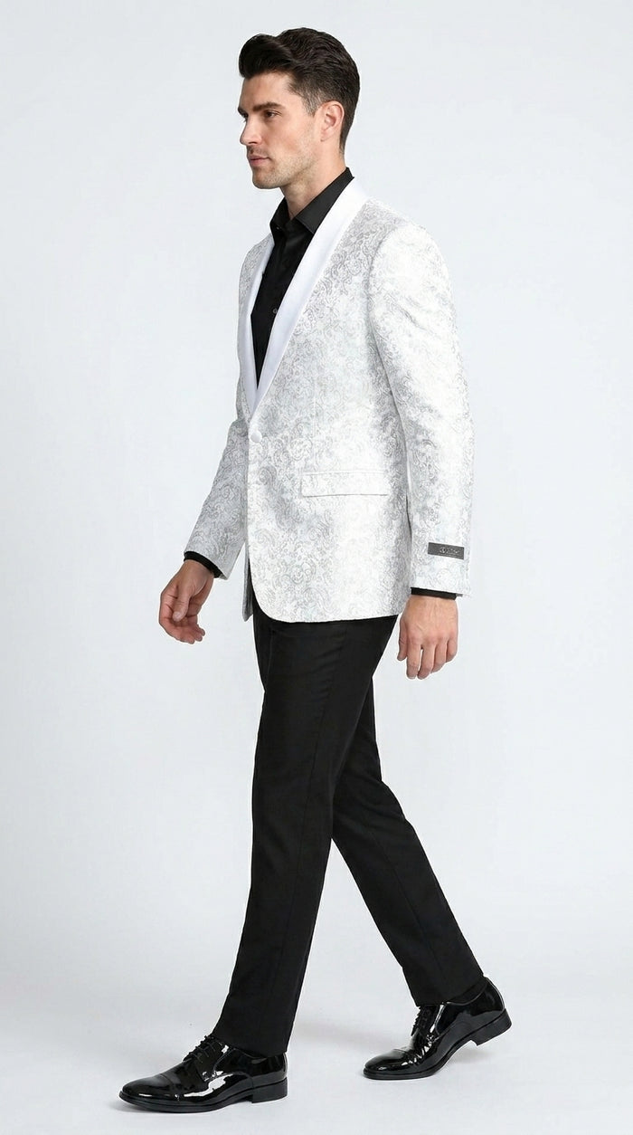 Men’s White Tonal Paisley Tuxedo Jacket with Satin Shawl Lapel, Wedding and Prom Dinner Blazer