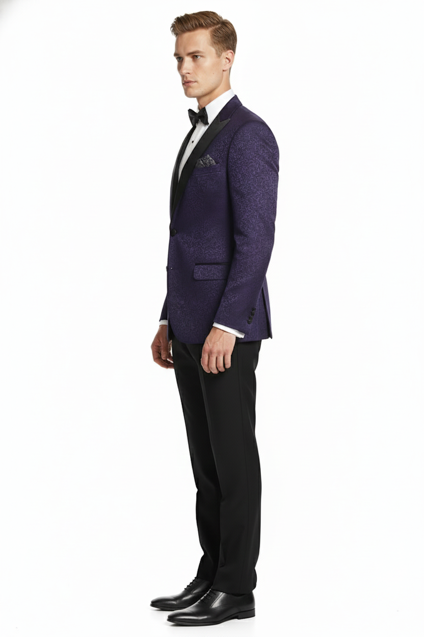 Mens Purple Paisley Tuxedo Jacket  Ultra Slim Fit Dinner Blazer with Black Satin Peak Lapel