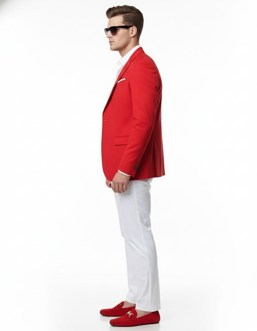 Mens Red Blazer and White Pants Set  Stylish Casual Dress Outfit For New Year Holiday and Christmas Suit