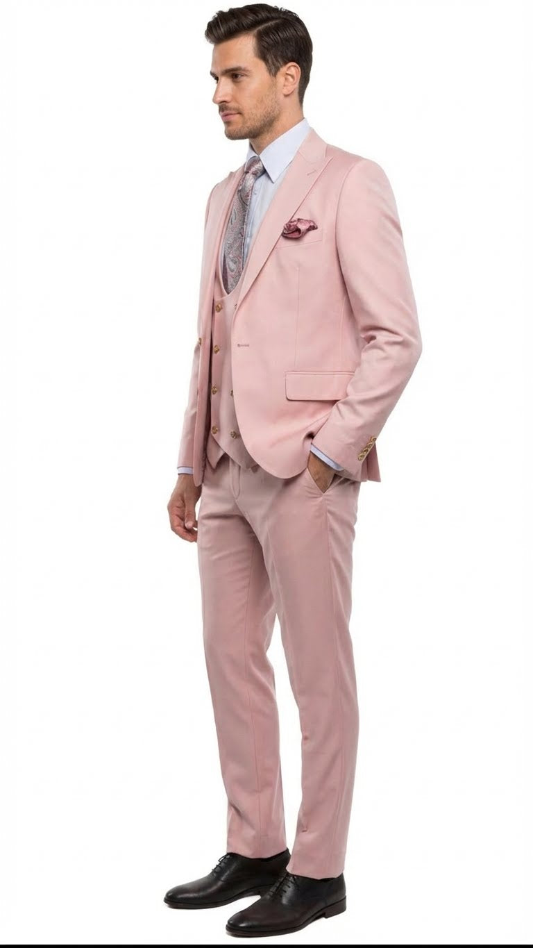 Mens Blush Pink and Gold Three-Piece Suit  Tailored Fit Formal Wedding, Vested Suit By Rossiman