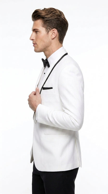 Men’s White Tuxedo Jacket – Black Trim Shawl Lapel Formal Dinner Blazer for Weddings, Prom Wedding Blazer Modern fit