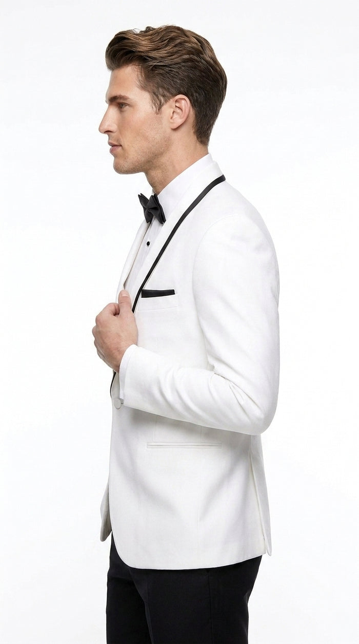 Men’s White Tuxedo Jacket – Black Trim Shawl Lapel Formal Dinner Blazer for Weddings, Prom Wedding Blazer Modern fit