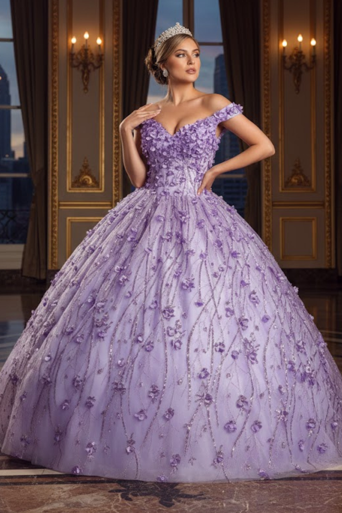 3D Floral Applique Glitter Quince Ball Gown & Plus Size