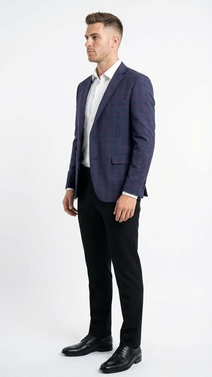 Mens Big and Tall Navy Blue with Burgundy Plaid Jacket and Sport Coat  Wool Blazer