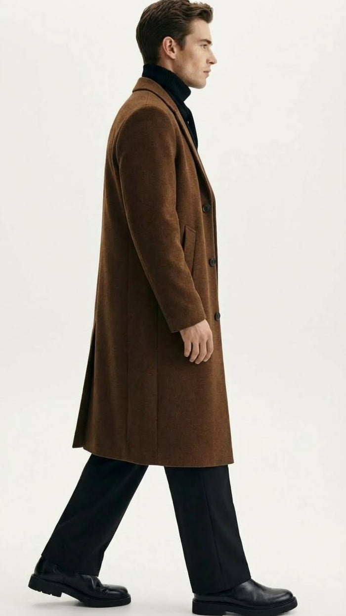 Men's Brown Long Wool Overcoat - Topcoat Wool Carcoat Three Quarter