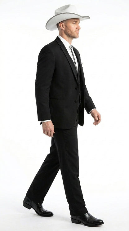 Men’s Black Western Wedding Suit with Vest and Pants, Cowboy Tuxedo Formal Dress Suit