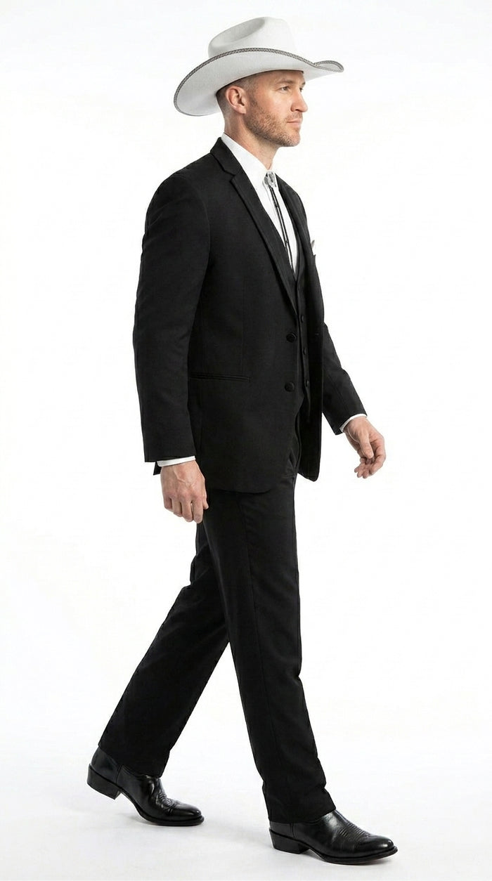 Men’s Black Western Wedding Suit with Vest and Pants, Cowboy Tuxedo Formal Dress Suit