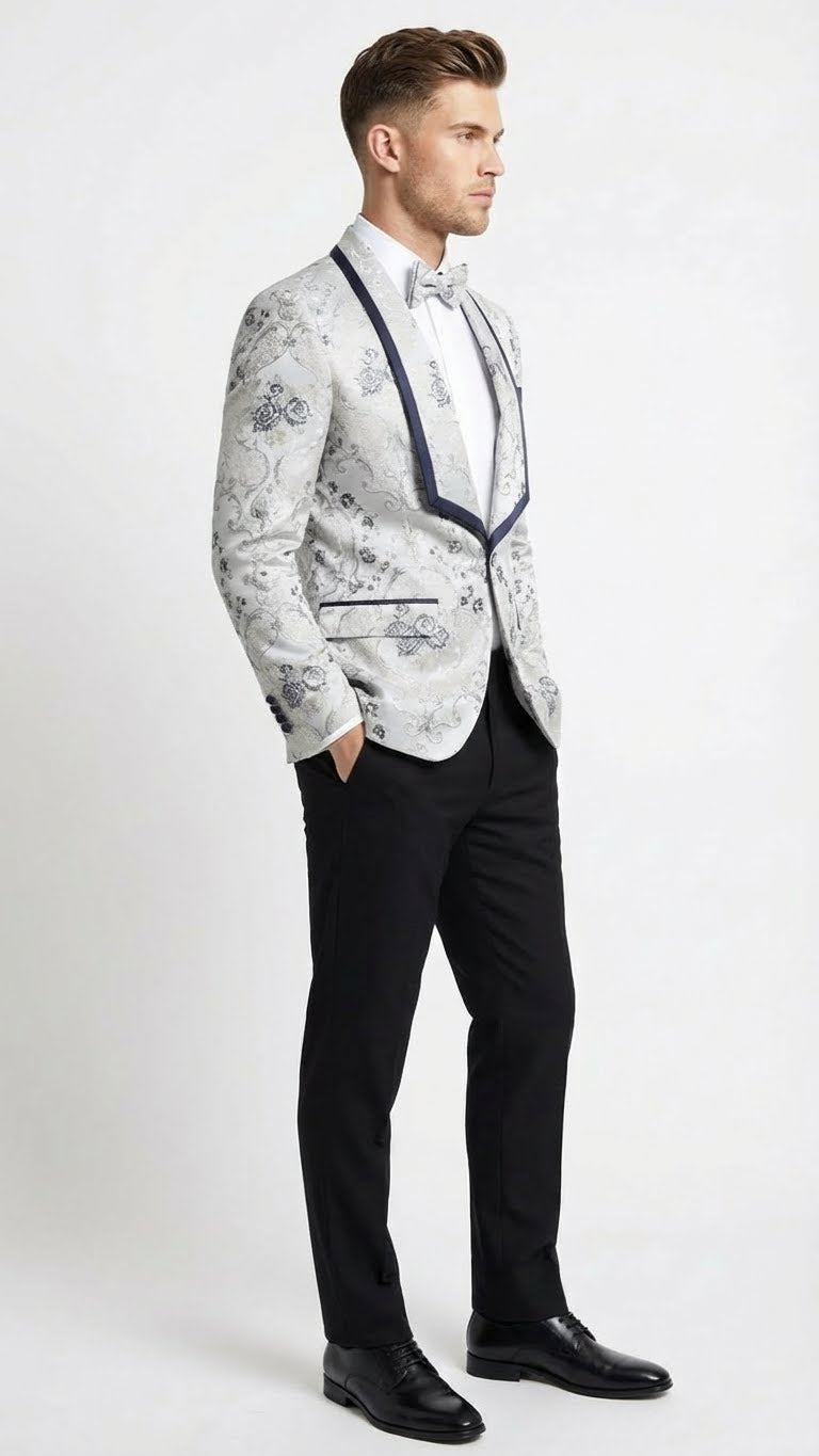 Mens White and Navy Blue Lapel  Floral Jacquard Blazer with Contrast Shawl Lapel  Luxury Wedding and Party Wear Jacket paisley Tuxedo Navy Pants