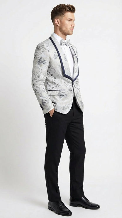 Mens White and Navy Blue Lapel  Floral Jacquard Blazer with Contrast Shawl Lapel  Luxury Wedding and Party Wear Jacket paisley Tuxedo Navy Pants