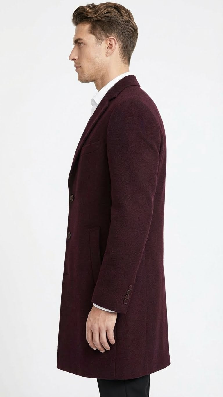 Mens Burgundy Mid-Length Overcoat  Classic Fit Wool Blend Dress Coat Three Quarter Carcoat Topcoat