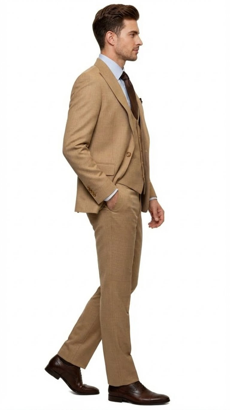 Men's Tan Three-Piece Suit with Vest  Classic Tailored Fit  in camel khaki Bronze color By Rossiman