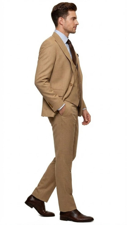 Men's Tan Three-Piece Suit with Vest  Classic Tailored Fit  in camel khaki Bronze color By Rossiman