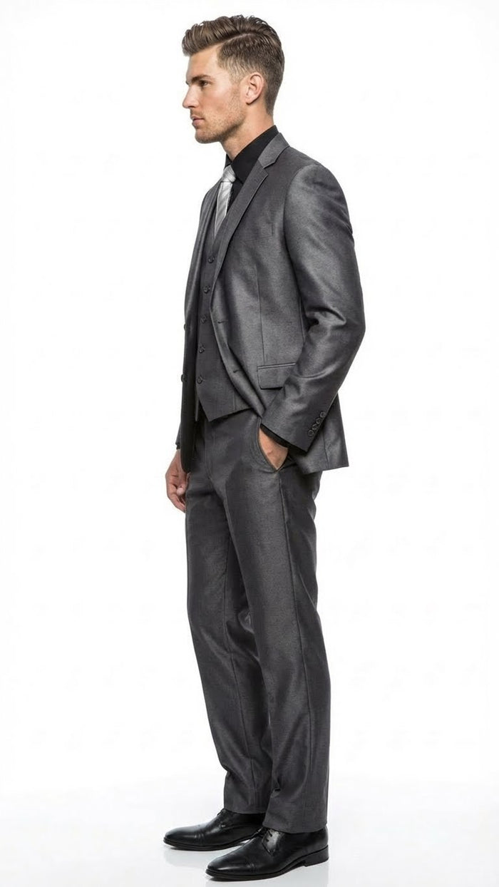 Men's Charcoal Gray Suit With Sheen -  | Shiny Texture Fabric Three Piece Wedding and Party Business