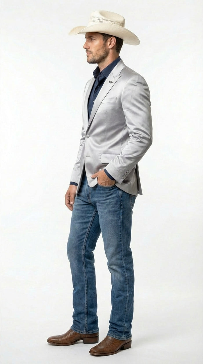 Men's Shiny Silver Cowboy Blazer – Western Style Satin Finish Blazer for Party, Country Events and Evening Wear