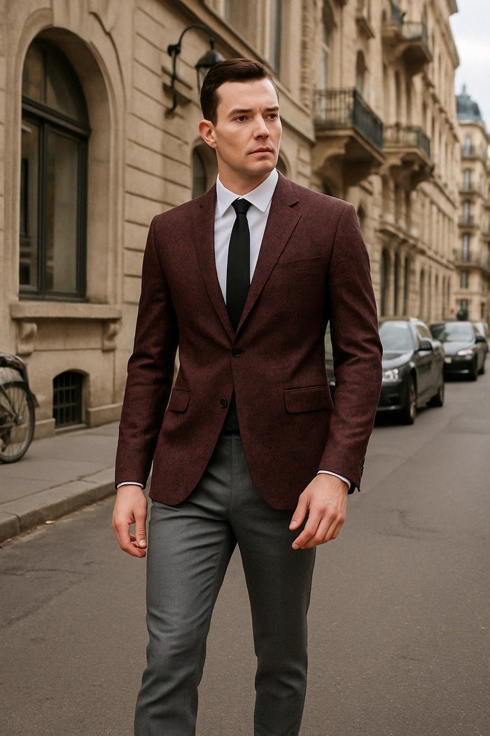 Mens Burgundy and Black Paisley Tuxedo Blazer  Slim Fit Formal Dinner Jacket