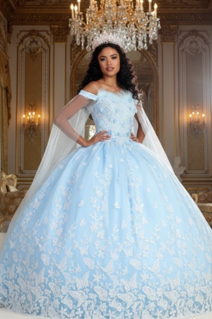 Glitter Butterfly Applique Cape Sleeves Quinceanera Gown