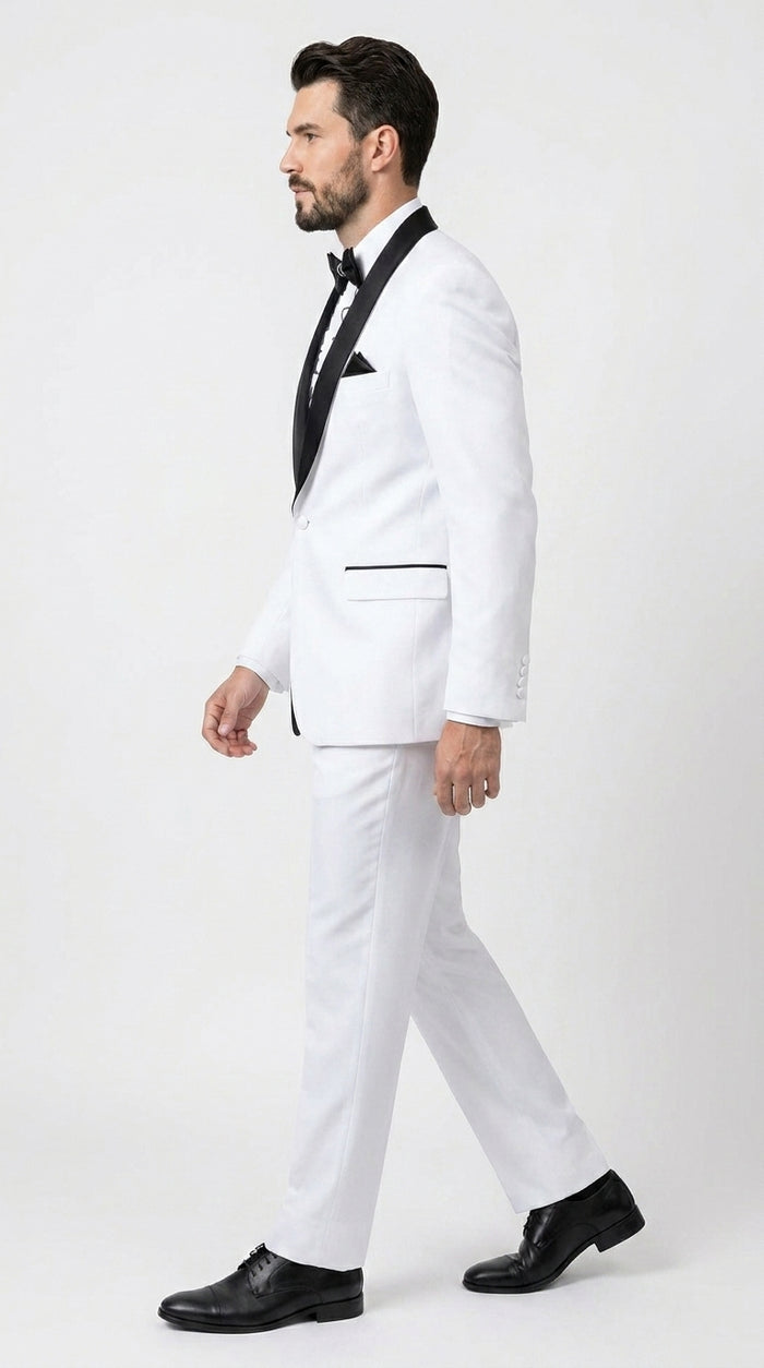 Men’s White and Black Classic Microfiber Shawl Tuxedo with Jacket and Pants, Formal Wedding Suit