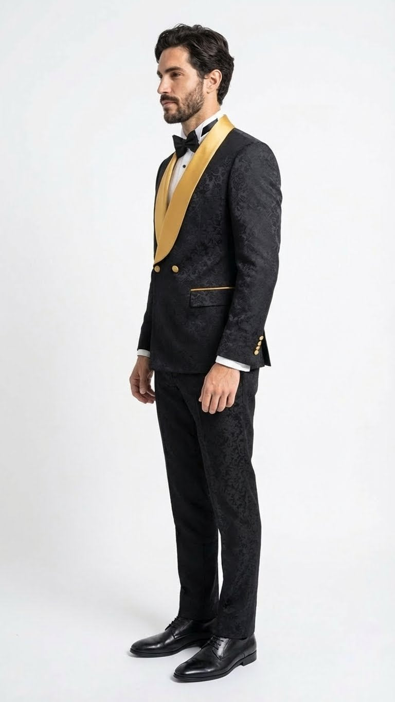 Mens Black and Gold Jacquard Tuxedo Suit  Luxury Slim Fit Formal Wedding, Prom, and Gala Outfit
