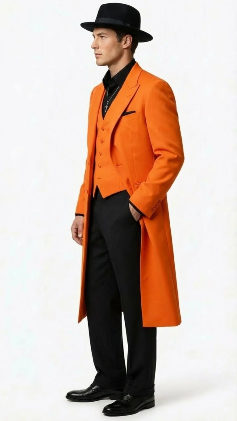 Mens halloween Costume Orange Long Zoot Suit Set With Black Shirt and Black Pants included