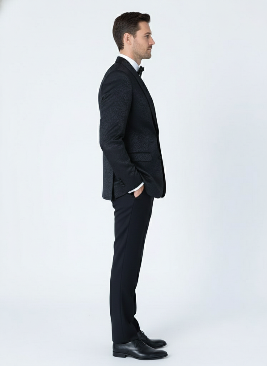 Mens Black Textured Paisley floral Tuxedo Suit  Premium Slim Fit Formal Wedding, Prom, with Bowtie