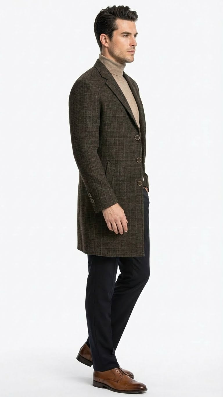 Mens Brown Checkered Wool Overcoat  Long Winter Coat with Classic Plaid Pattern By Statement