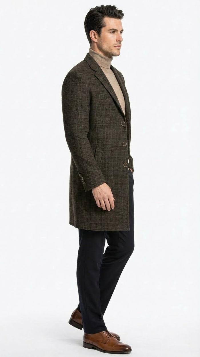 Mens Brown Checkered Wool Overcoat  Long Winter Coat with Classic Plaid Pattern By Statement