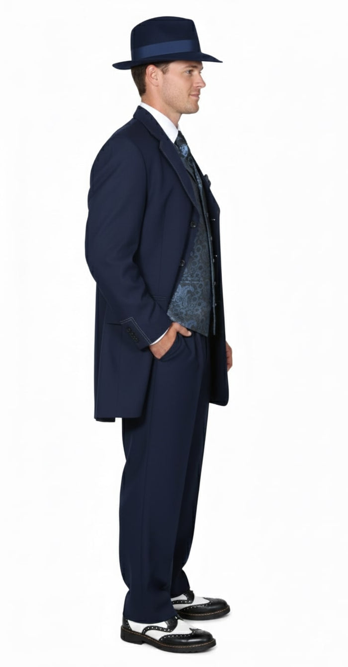 Mens 1920s Navy Blue Zoot Suit  Vintage Gangster 3-Piece Long Jacket Suit Classic Fit Pleated Pants