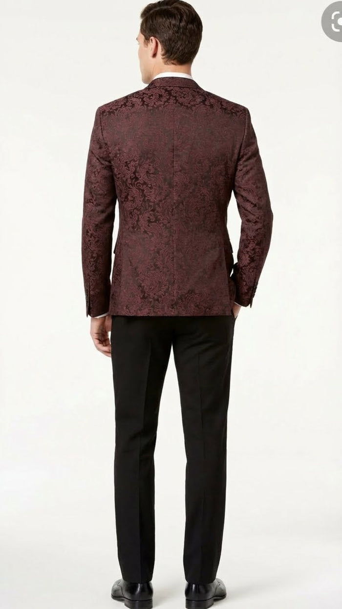 Mens Burgundy Paisley Blazer Sport Coat  Velvet Dinner Jacket floral in Maroon Wine Color Ultra Slim Fit Smoking Jacket