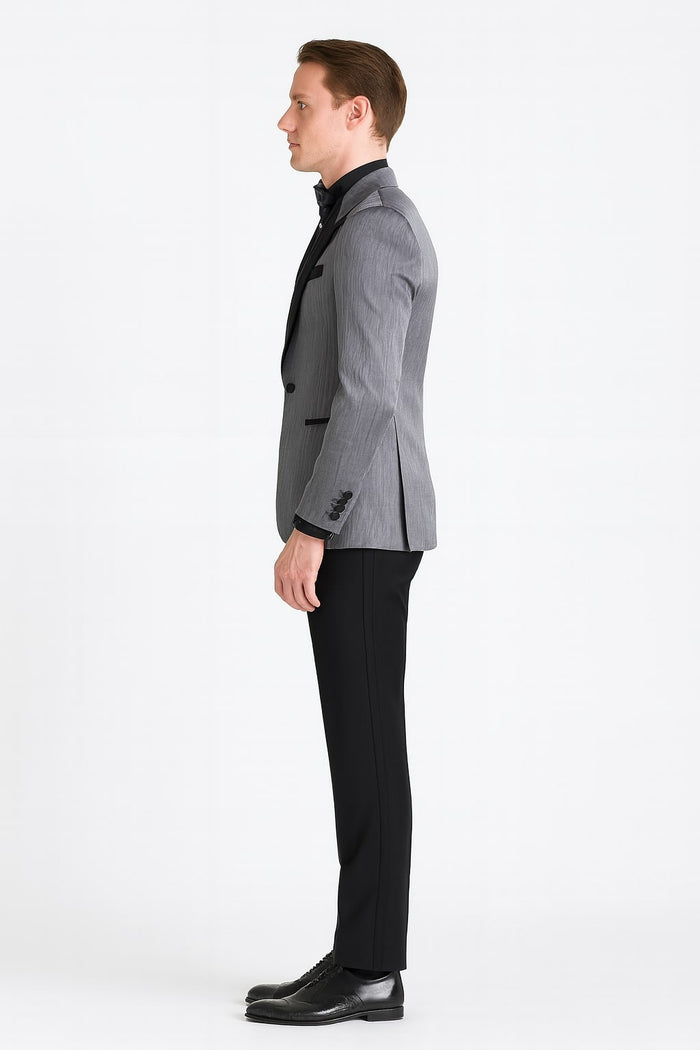 Silver Metallic Tuxedo Suit with Black Satin Peak Lapel  Mens Slim Fit Formal Wedding and Prom Attire in Charcoal Grey With Pants