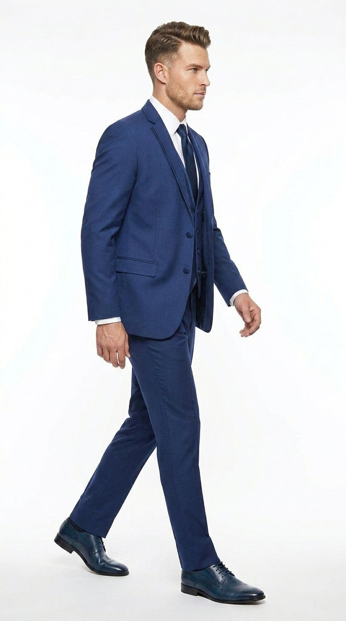 Men’s Blue 3 Piece Vested Tuxedo with 2 Button Jacket, Satin Trim and Matching Pants