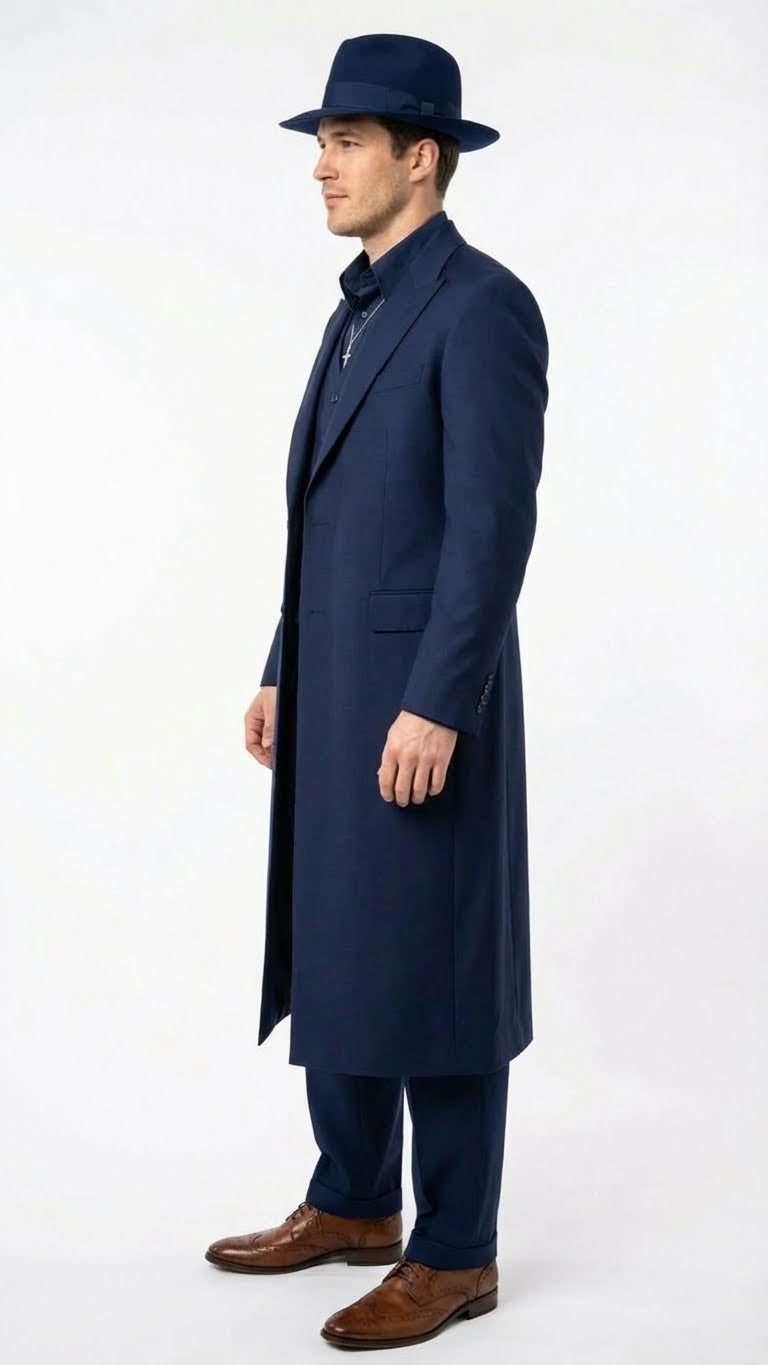 Mens Navy Blue 1920s Zoot Suit  Long Mafia Gangster Three-Piece Vintage Costume Set Zuit Pachuco Style