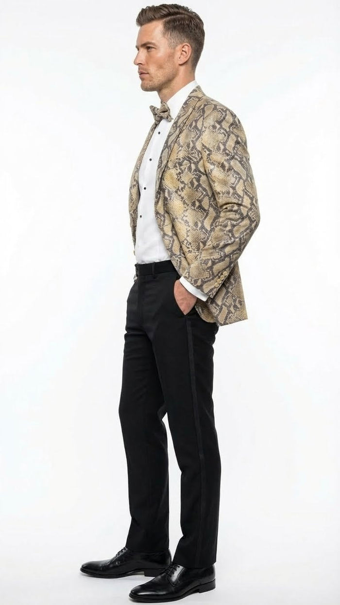 Mens Beige and Black Snakeskin Print Blazer  Alligator Crocodile Exotic Sking Sport Coat Jacket in Tan Camel Color