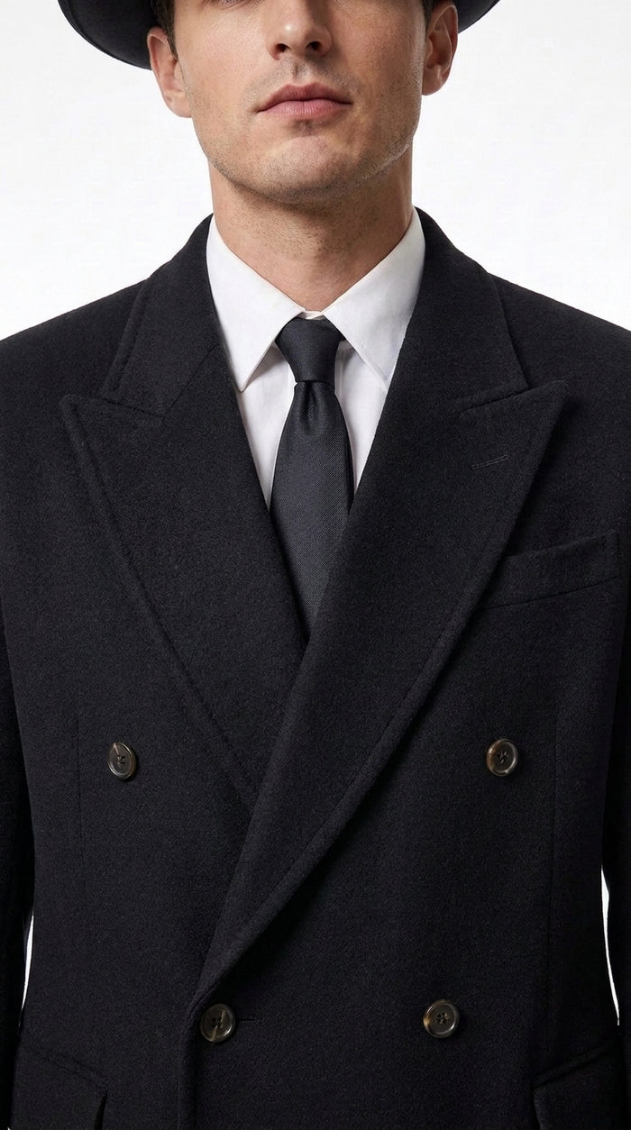 Men’s Godfather Black Double-Breasted Long Overcoat – Vintage Mobster Gangster Coat