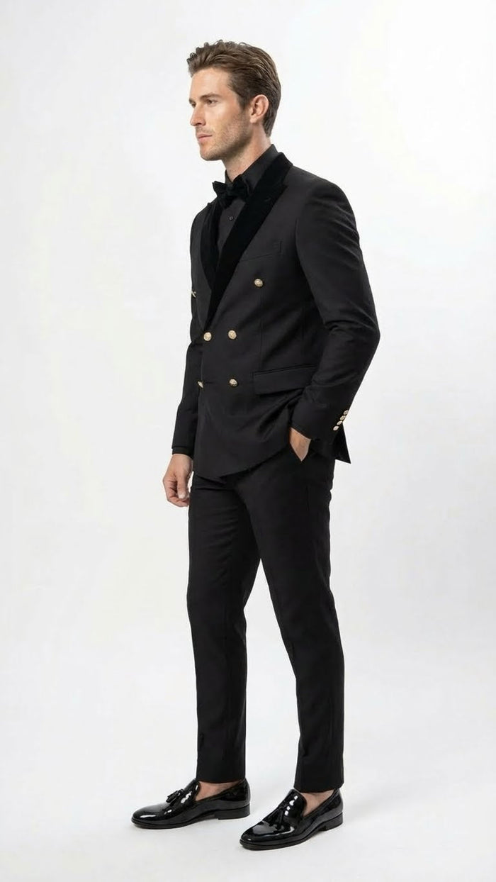 Men's Black Double Breasted Tuxedo Suit - Luxury Formal Dinner Jacket Gold Buttons Velvet Lapel