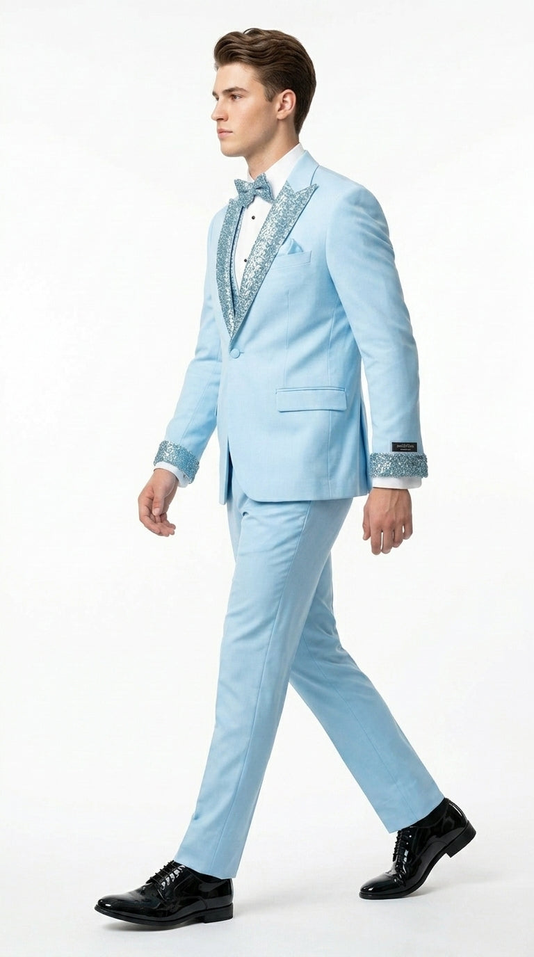 Men’s Baby Blue Prom Tuxedo Suit with Silver Rhinestone Sequin Lapel and Matching Vest