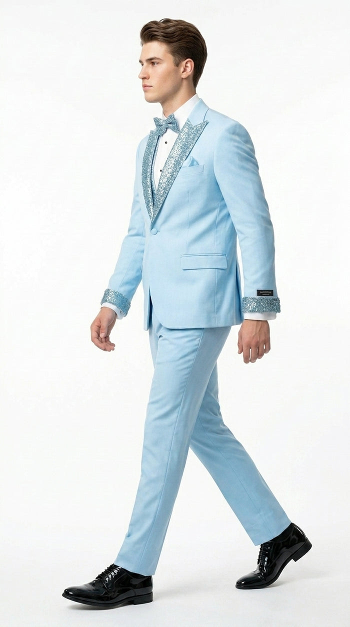 Men’s Baby Blue Prom Tuxedo Suit with Silver Rhinestone Sequin Lapel and Matching Vest