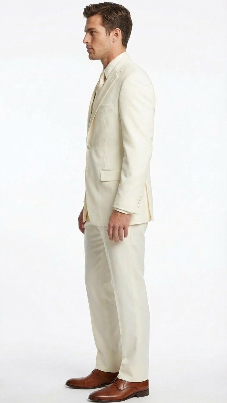 Mens Ivory Tuxedo Suit with Satin Notch Lapel  Formal Wedding and Evening Wear Suit in Cream Off White Color