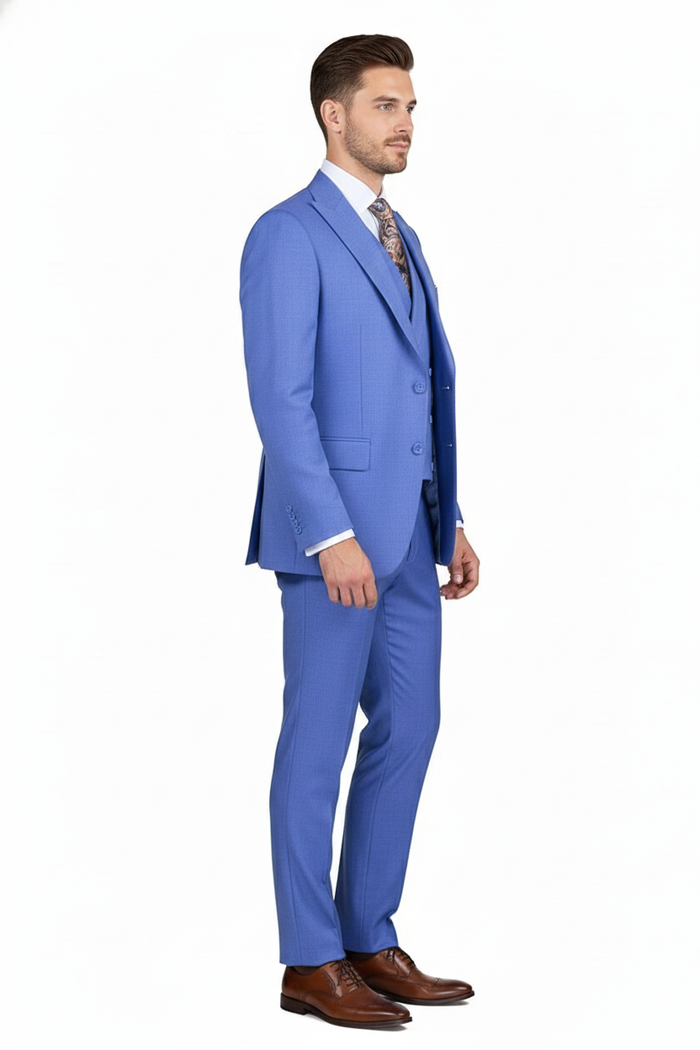 Mens Light Blue Double-Breasted 3-Piece Suit Set  Tailored Fit Formal Business Suit in Steel Blue Sky Blue Color
