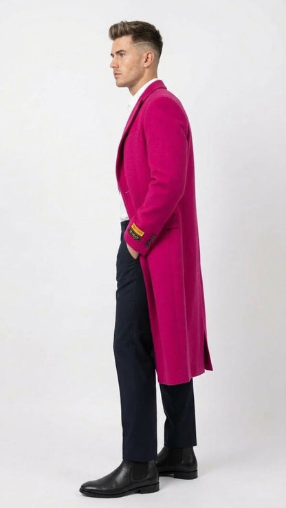 Mens Hot Pink Wool Blend Overcoat  Topcoat Carcoat Winter Fabric