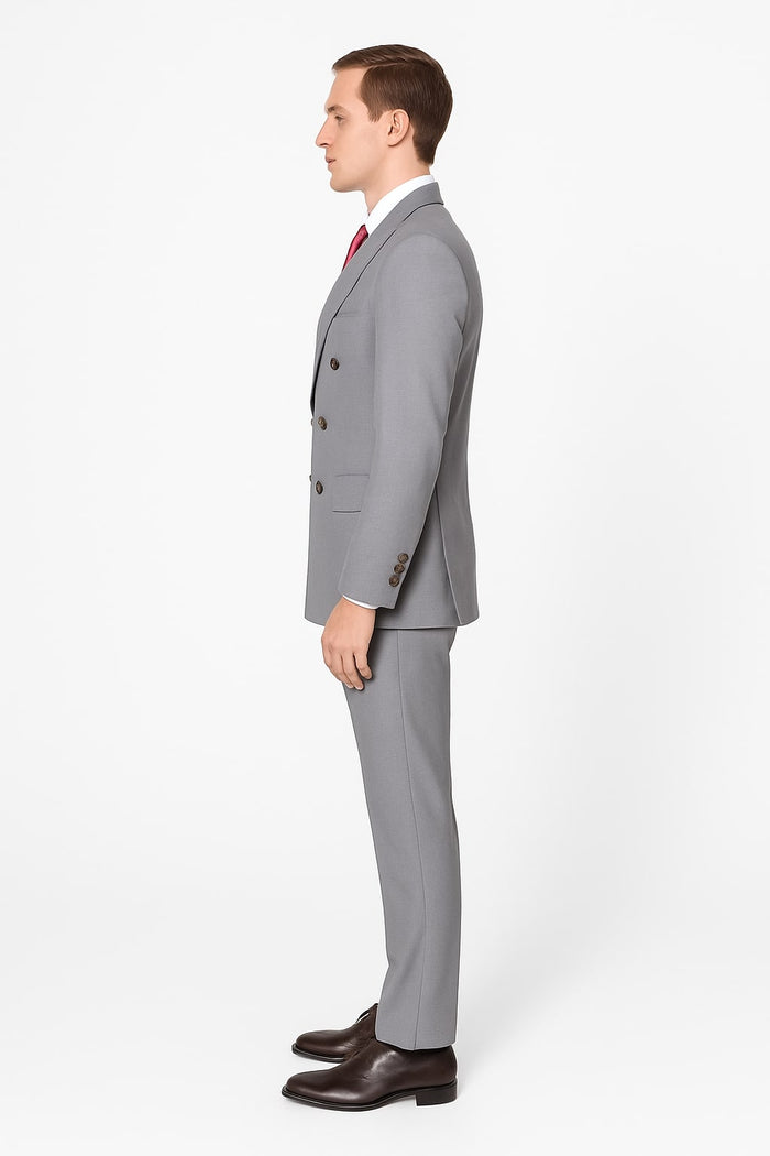 Mens Light Grey Double-Breasted Suit  Classic Slim Fit Business and Wedding Formal Attire