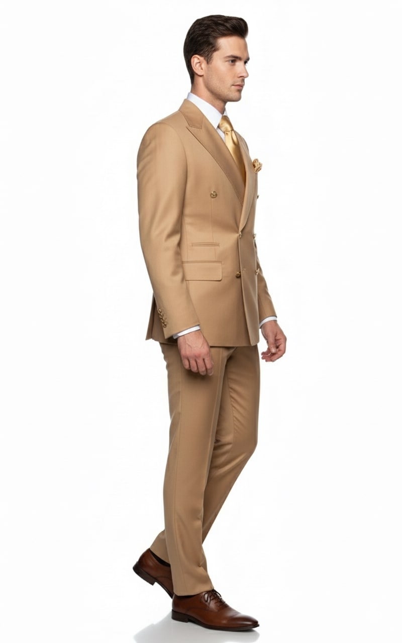 Mens Camel - Bronze - Goldish khaki Double-Breasted Suit  Luxury 2-Piece Formal Set with Gold Buttons and Peak Lapels by Rossi Man