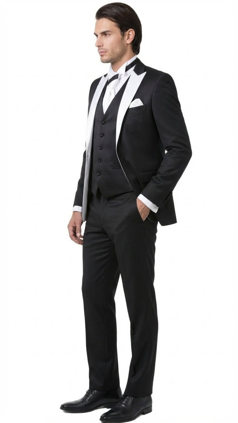 Mens Black and White Lapel Prom Tuxedo Suit  Black Vest  Black Pants Peak Lapel