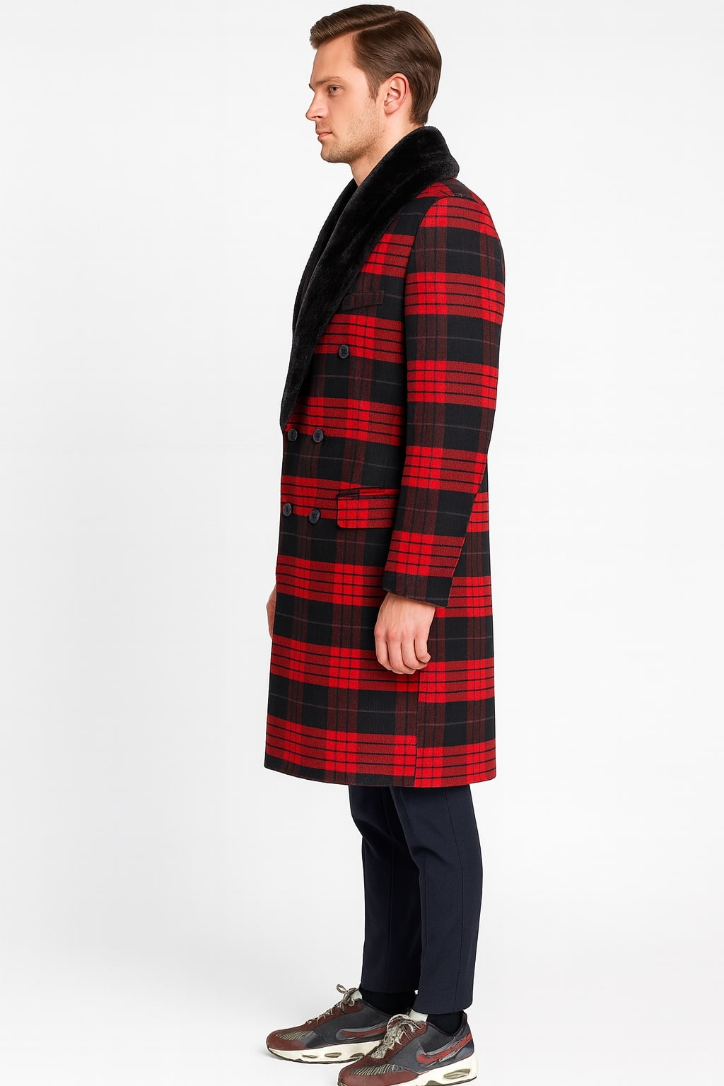 Mens Red and Black Plaid Wool Overcoat with Black Faux Fur Shawl Collar  Double-Breasted Winter Coat - Tartan Design