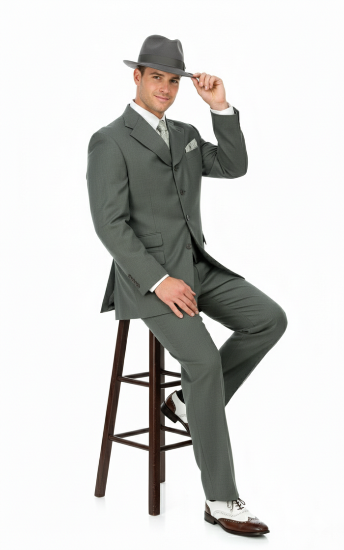 Mens 1920s Gray Zoot Suit   4 Buttons  Gangster Wide Lapel Long Jacket 3-Piece Suit in Grey Color Classic Fit Pleated Pants