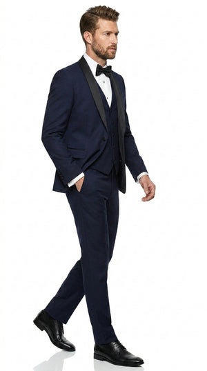 Men’s Navy Blue Vested Wool Tuxedo with 1 Button Jacket, Black Shawl Lapel and Matching Pants
